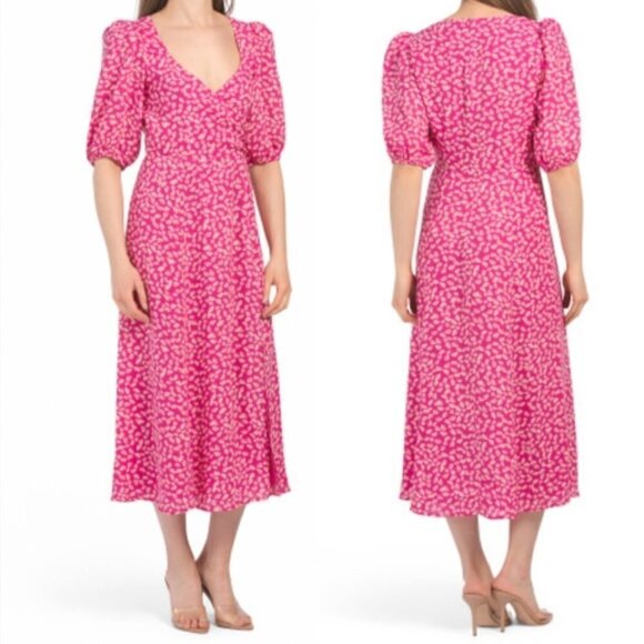 NWT WAYF Pink Ditsy Floral Puff Sleeve Midi Wrap Dress size M - Picture 1 of 10